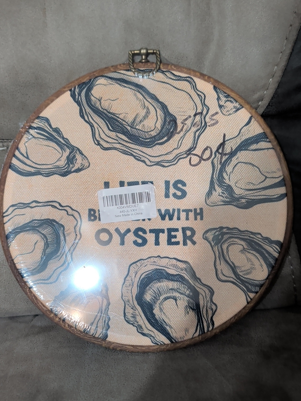Round Oyster Print Wall Hoop - Navy on Beige